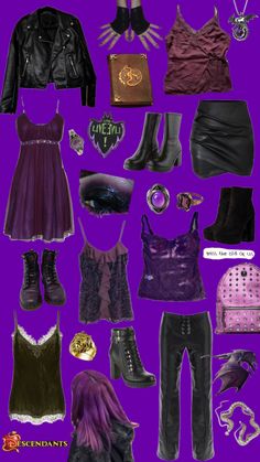 a collage of clothes and accessories on a purple background