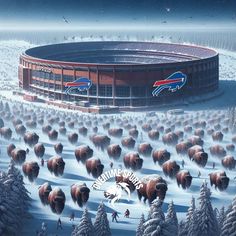 a painting of buffalo football stadium surrounded by snow covered trees and people walking around it