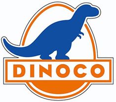 a dinosaur logo with the word dinoo in it's center and an orange circle behind it