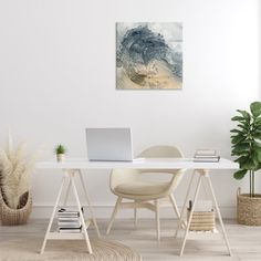 a white desk with a laptop on it in front of a plant and potted cacti