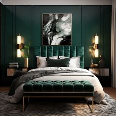 a bedroom with green walls and a large painting on the wall above the headboard