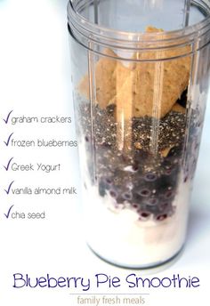 blueberry pie smoothie recipe in a blender with ingredients labeled on the side