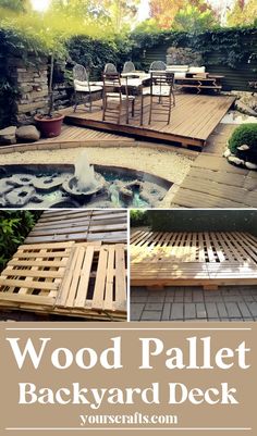 wood pallet backyard deck with chairs and table