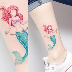 two pictures of mermaid tattoos on the legs