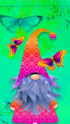 the gnome is surrounded by butterflies and moths on a green, blue, pink, and orange background