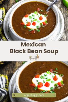 mexican black bean soup in a bowl with sour cream on top and garnishes