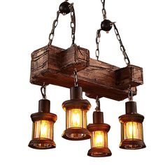 an old fashioned wooden chandelier with five hanging lights