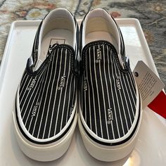 Vans Classic Slip-On 98 Anaheim Factory Black White Stripes Womens Size 5.5 Black Vans Sneakers For Summer, Beige Vans, White Checkered Vans, Checkerboard Vans, Vans Old Skool Low, Vans Old School, Sk8 Hi Vans, Checkered Vans, Pink Vans