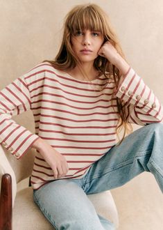 Organic cotton long-sleeved marinière T-shirt  ;Boat neckline;Button placket at bottom of sleeve;Length from shoulder 58.5 cm / 23 in (for a S) Silk Shirts, Casual Basics, Feminine Top, Love Free, Casual Summer Outfit, Light Denim, New Wardrobe, Striped Tee, Parisian Style