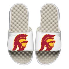 a pair of white slippers with the washington state redbirds logo on each side