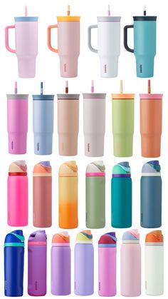 many different colored tumblers with lids and straws in front of each other on a white background