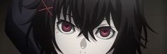 an anime character with black hair and red eyes looks at the camera while staring straight ahead