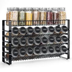 a rack filled with lots of different types of jars and containers next to each other