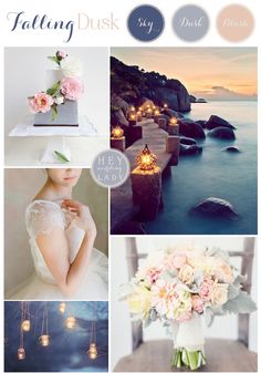 a collage of photos with flowers, candles and lights in the background that says falling dusk