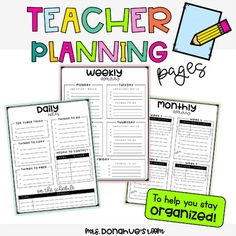 the teacher planner is shown in three different colors and font, along with an image of a