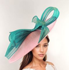 Candy Baby Bright Hot Pink Jade Green Statement Hatinator Kentucky Derby Fascinator Womens Ascot Headwear Ladies Day Hats Formal Fancy Hat Sweet Candy Pink & Jade Green Kentucky Derby Hat This gorgeous two colour large statement fascinator is made up with a large jade green abaca silk bow on an a large candy Pink saucer hatinator sinamay base. This pink and bright green fascinator measures 48cm wide or about 19 inches The jade green and pink headpiece is mounted with a matching headband.   If yo Ribbon Hat For Kentucky Derby Garden Party, Summer Party Hat With Ribbon, Kentucky Derby Boater Hat With Ribbon For Garden Party, Kentucky Derby Boater Hat With Ribbon, Kentucky Derby Garden Party Hat With Ribbon, Fitted Wide Brim Hat With Bow, Party Hats With Ribbon And Short Brim, Party Hat With Ribbon And Short Brim, Curved Brim Hat With Ribbon For Church