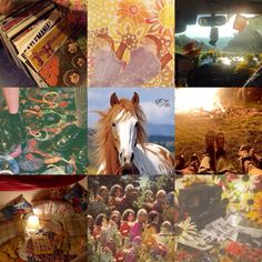 a collage of pictures with horses and people in the background, including flowers, trees, books, and other things