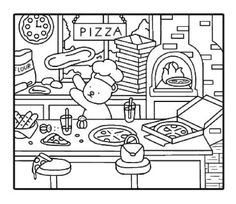 a black and white drawing of a pizza shop with a person cooking in the oven