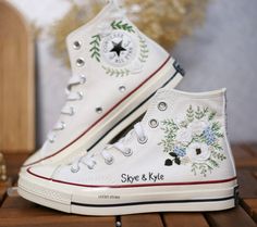 Custom wedding converse/ Bridal flower embroidered sneakers/ Embroidered Wedding Reception Shoes/ Personalized gifts/ Gifts for wedding  💸 Price includes Converse Shoes and floral embroidery as shown 🌸 You can send me your Converse/Vans shoes or I can buy them for you. We stock all the Converse and Vans shoes you want, if you want other Converse/Vans shoes in the store, please message us. Your embroidered Converse/Vans shoes will be available for shipping in 7-15 days. 🌸 I started hand embroi Wedding Reception Shoes, Embroidery Sketch, Reception Shoes, Embroidered Sneakers, Chuck Taylor Shoes, Embroidered Converse, Gifts For Wedding, Wedding Converse, Embroidered Shoes