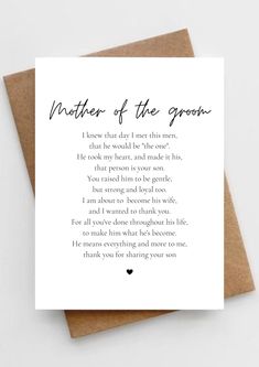 a card with the words mother of the groom written in cursive writing on it