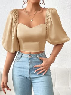 Albaricoque Elegante Collar manga media Tela tricotada Liso Top Embellished No-Elástico Verano Crop Top Elegante, Dusty Pink Top, Style Guru, Embellished Top, Pink Boho, Crop Blouse, Puff Sleeve Top, Sweetheart Neck, Look Fashion