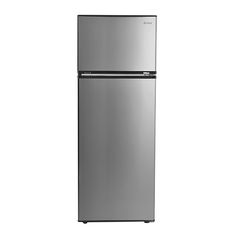 a silver refrigerator freezer sitting on top of a white wall