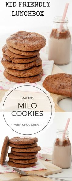 a stack of cookies next to a jar of milk