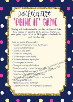 a pink and gold polka dot frame with the words bachelor drink it game