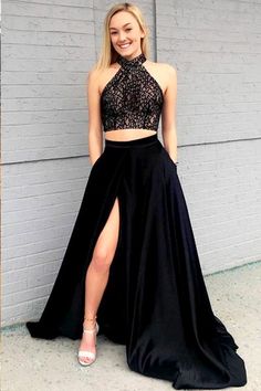 Side Split Prom Dress, Prom Dress Halter, Split Prom Dresses, Lace Prom Dresses, Cheap Prom Dresses Long, Halter Prom Dresses, Halter Dress Summer, Prom Dresses With Pockets, Satin Noir