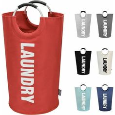 a red laundry bag with the words laundry printed on it and four different colors to choose from