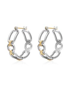 These chain hoops showcase the combination of two-tone metals. Earrings are 28mm x 26mm x 7.8mm x 1.5mm Each pair weighs 8.5g Made from brass Plated Gold and Silver 100% nickel-free and cadmium-free 1 year warranty Packaged in Luv Aj branded gift boxes Personalised Jewellery Necklaces, Luv Aj, Solitaire Studs, Branded Gifts, Diamond Shop, Snake Chain, Signet Ring, Ring Bracelet, Gold And Silver