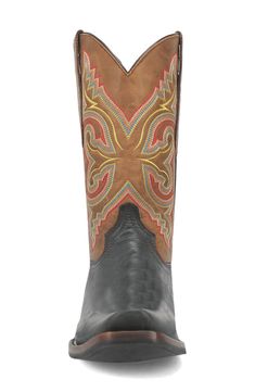 Vibrant embroidery amplifies the Western appeal of this gritty cowboy boot with a classic snoot toe and stockman heel. Pull-on style Removable, cushioned insole Leather upper/textile lining/synthetic sole Imported Fitted Work Boots With Reinforced Toe For Western Events, Fitted Work Boots With Reinforced Heel For Western Events, Western Style Fitted Boots With Reinforced Toe, Western Style Ankle Work Boots For Ranch, Fitted Boots With Reinforced Toe For Western Events, Black Boots With Reinforced Heel, Western Moc Toe Boots For Rodeo, Country Style Black Boots With Snip Toe, Black Work Boots With Reinforced Toe For Ranch