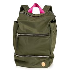 a green backpack with a pink handle and zippers on the front, against a white background