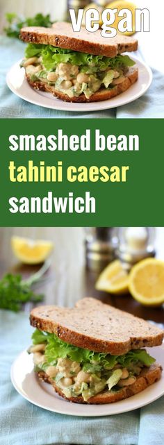 two plates with sandwiches on them and the words vegan smashed bean tahini caesar sandwich