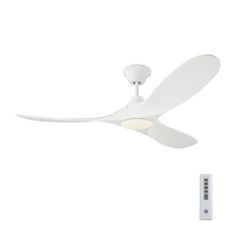 a white ceiling fan and remote control