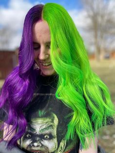 Lime Green Split Dye, Purple And Lime Green Hair, Purple Hair Green Highlights, Green And Purple Hair Split, Neon Green And Purple Hair, Half Green Half Purple Hair, Purple And Green Split Dye, Purple And Green Hair Ideas, Green Split Dye