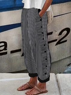 SHEIN LUNE Vacation Leisure Color Block Striped Button Decorated Long Pants. | SHEIN USA