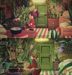 there are two pictures of the same room with plants and food on the table in front of them