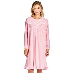 Hit the sack in total comfort with this Soft and lightweight Micro Fleece Nightgown From Casual Nights in a fun printed pattern, Features Button closure, long sleeves, detailed with lace, Satin Ribbon and Embroidery for an extra feminine touch. A comfortable fit perfect for sleeping or lounging around as a housedress. Size: 3X.  Color: Pink.  Gender: female.  Age Group: adult.  Pattern: floral. Eileen West, Pajama Dress, Flannel Women, Women's Nightgowns, Nightgowns For Women, House Dress, Nightgowns, Accessories Clothing, Long Maxi Dress