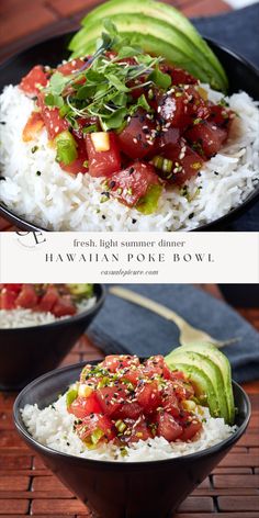 two plates with rice, avocado and tomato on them are shown in the same bowl