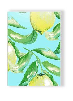 a painting of lemons and green leaves on a blue background with watercolor effect