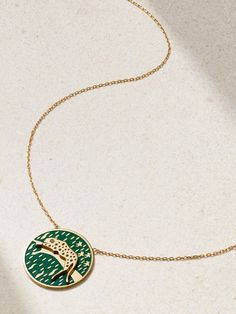 L'Atelier Nawbar's 'Lounge Like a Cat' necklace has a circular pendant detailed with a leopard relaxing on a branch. It's handmade from 18-karat gold and carefully painted in vibrant green and black enamel and dotted with a single diamond. Enamel Necklaces, Like A Cat, Cat Necklace, Green Necklace, Vibrant Green, Gold Enamel, Green And Black, Fine Jewellery Necklace, Black Enamel