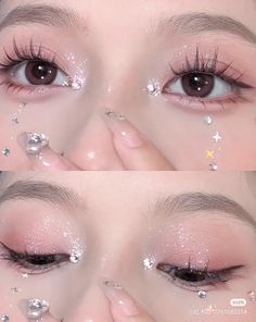 Korean Sparkly Makeup, Asian Eye Makeup Glitter, Glitter Eye Makeup Asian Eyes, Soft Fairy Makeup, Korean Sparkle Eye Makeup, Soft Glitter Eye Makeup Korean, Shimmery Makeup, Asian Makeup Looks, Asian Inspiration