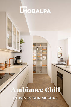 an image of a kitchen with white cabinets and wood flooring in the background, text reads ambulance chili cuisine sur mesure