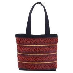 Hand Woven Red and Black Cotton Songket Tote Bag with Zipper - Songket Dream | NOVICA Traditional Cotton Tote Shoulder Bag, Traditional Cotton Shoulder Bag For Daily Use, Traditional Cotton Bag For Everyday Use, Rectangular Red Bag With Weaving Work, Red Rectangular Bags With Weaving Work, Traditional Canvas Tote Bag For Daily Use, Traditional Fair Trade Bags For Daily Use, Traditional Tote Canvas Bag For Everyday Use, Traditional Everyday Bag With Weaving Work