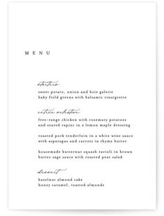 a white menu card with black ink on the front and bottom, in an elegant font