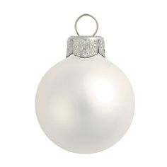 a white christmas ornament hanging from a silver ring on a white background with clippings