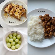 three plates with different types of food on them, including rice and grapes in each plate