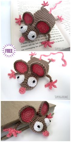 crocheted mouse bookmarks made to look like they have eyes and ears