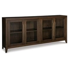 the sideboard is made from wood and has glass doors on one side, and two shelves on the other